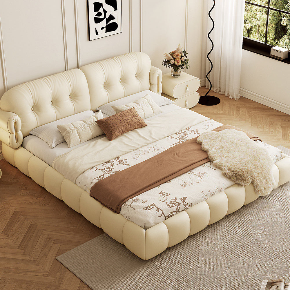 Modern Cream Upholstered Platform Bed Button Tufted Headboard Low Profile Soft Frame Bed with Solid Slat Support