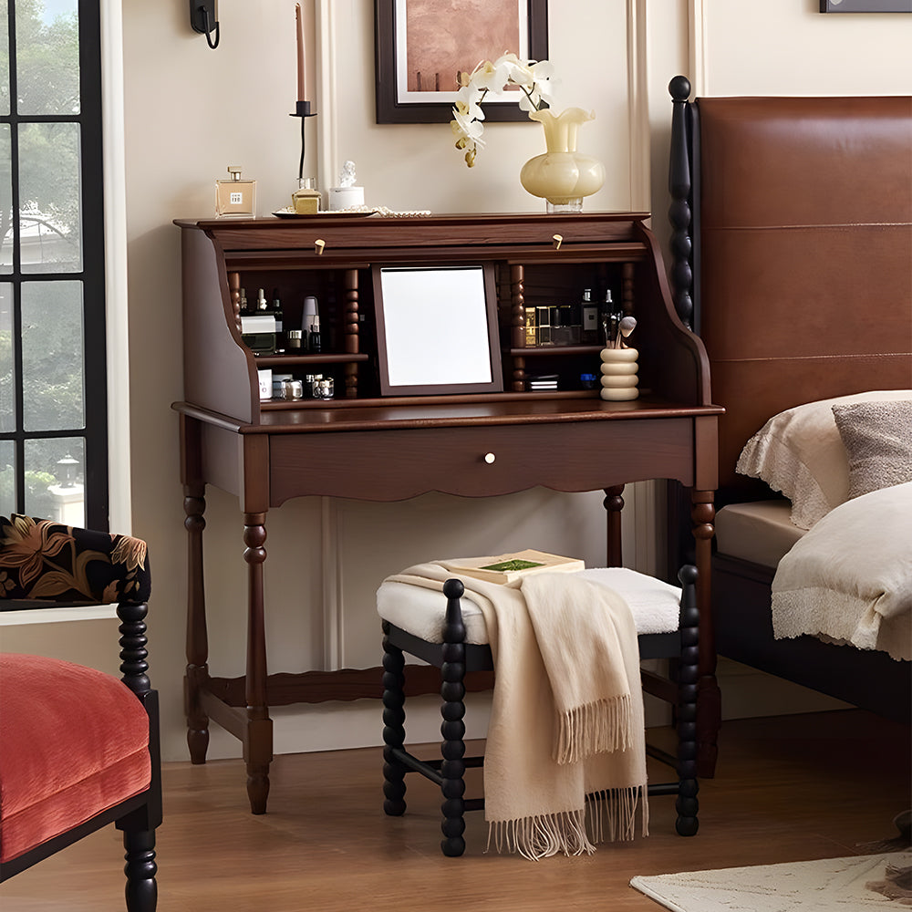 39.3'' Modern Vintage Roll Top Vanity Desk Solid Wood Makeup Table with Storage and Drawer