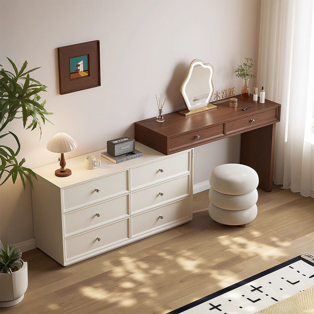 Solid Wood Vanity Desk with Side Cabinet and Upholstered Stool