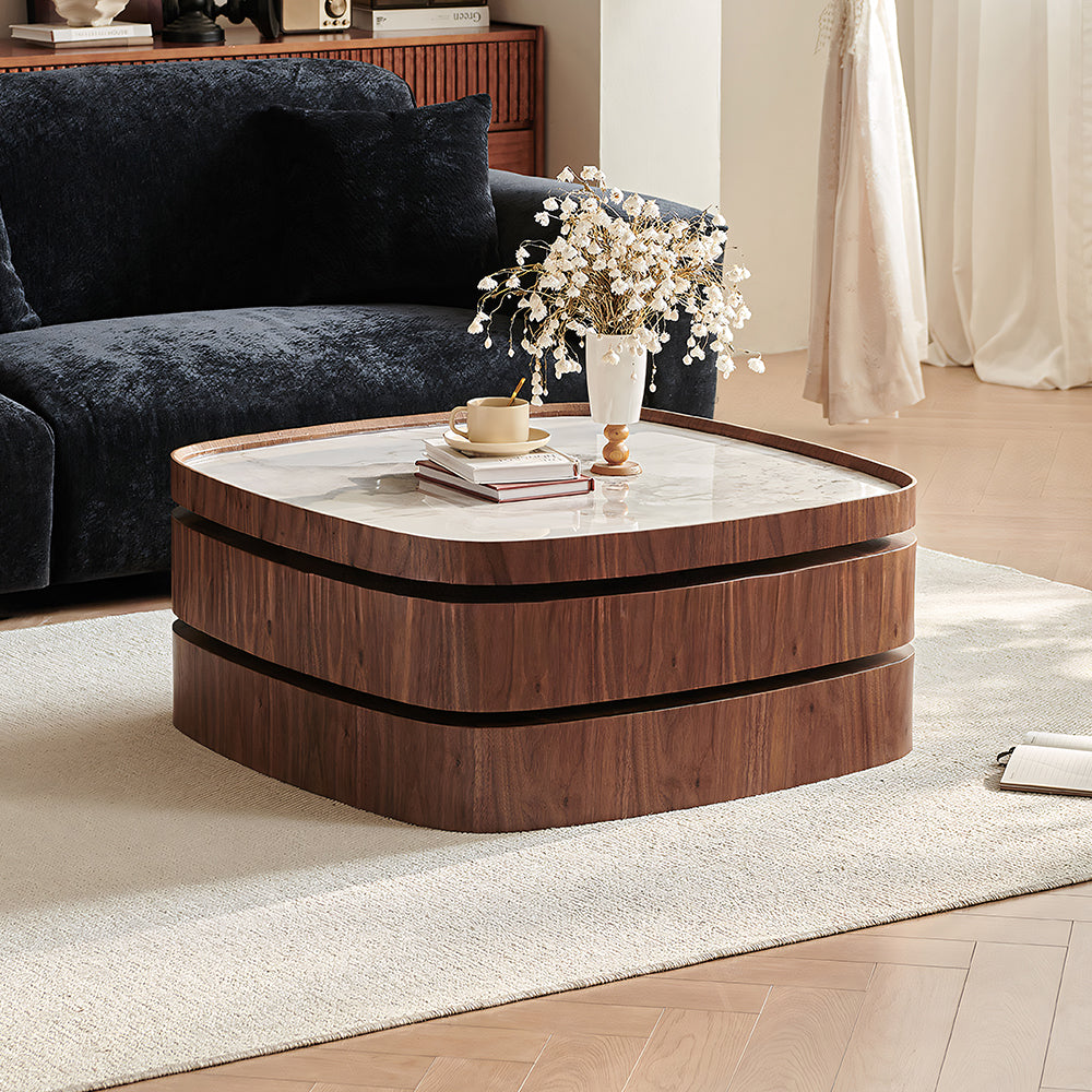 34.7'' Modern Solid Wood Coffee Table with Marble Top Hidden Storage Rounded Minimalist Design