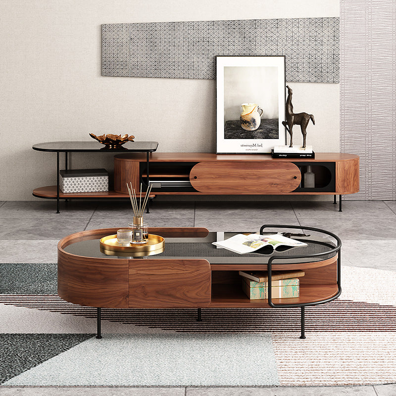 50.7" Modern Storage Coffee Table Tempered Glass Top Walnut Minimalist Design