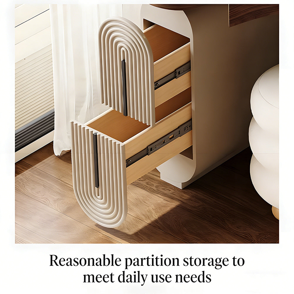 Modern Corner Vanity Desk with Mirror Walnut Finish Makeup Table with Storage Drawers with Stool