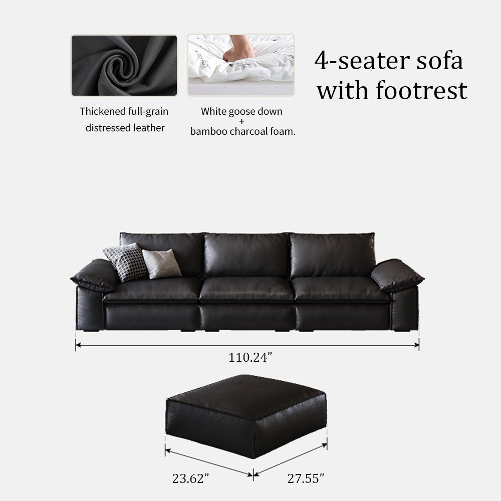 Modern Low Profile Black Leather Straight Sofa Minimalist Wide Arm 4 Seater Couch