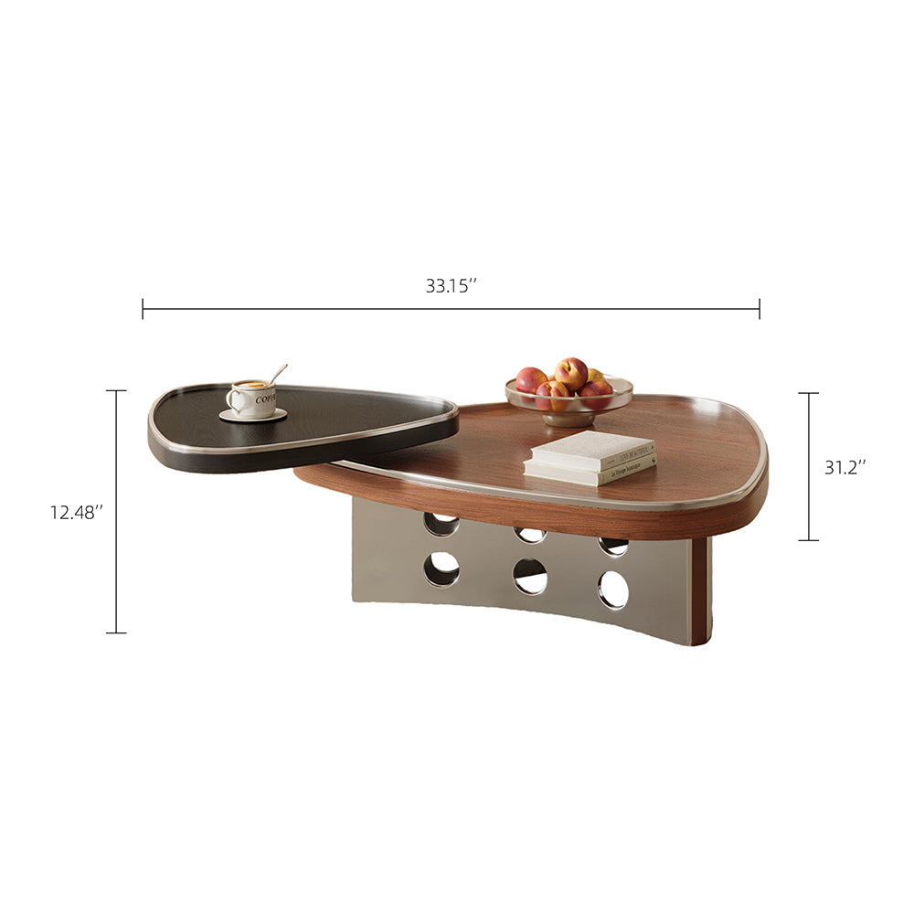 33″ Modern Coffee Table Walnut Wood with Brushed Steel Base Sculptural Design Dual-Tier Functionality