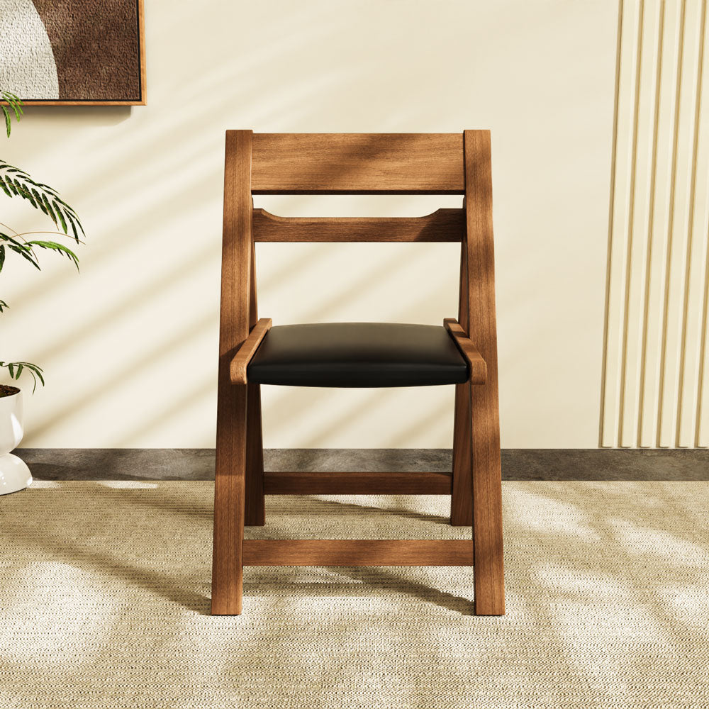 4PCS Folding Chair Solid Wood with Black Leather Seat Space-Saving Durable Elegant Design