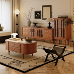 Load image into Gallery viewer, 70&#39;&#39; Solid Wood TV Stand Cabinet Arched Glass Doors Multi Drawer Design Warm Cherry Finish
