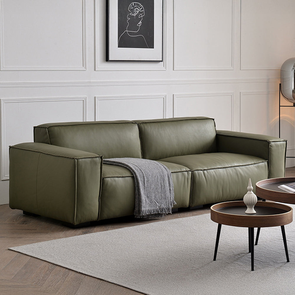 Modern Leather Sofa Boxy Low-Profile Design with Wide Arms
