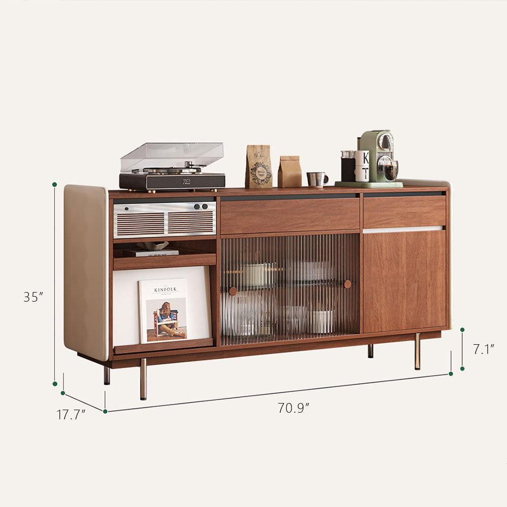 59.1"/70.9" Modern Walnut Sideboard Cabinet with Fluted Glass Sliding Doors & Open Storage