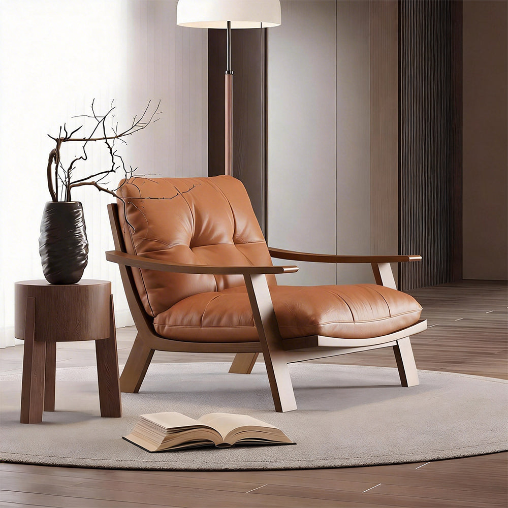 Mid Century Modern Faux Leather Lounge Chair Solid Wood Frame Accent Chair Deep Seat Leisure Armchair