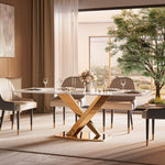 Load image into Gallery viewer, Square Dining Table Contemporary X-Shaped Gold Metal Base Perfect for 4-6 People
