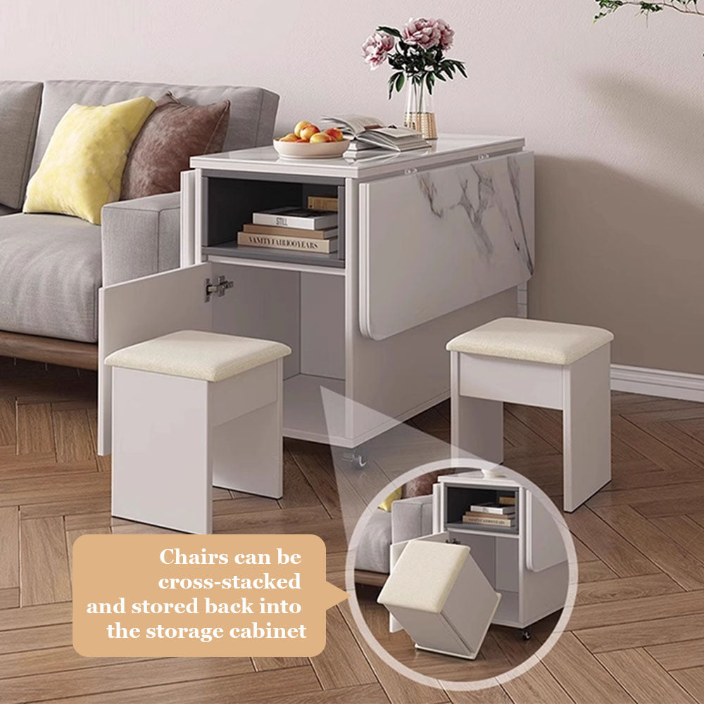 Modern Multifunctional Foldable Coffee Table with Wheels & 2 Stools