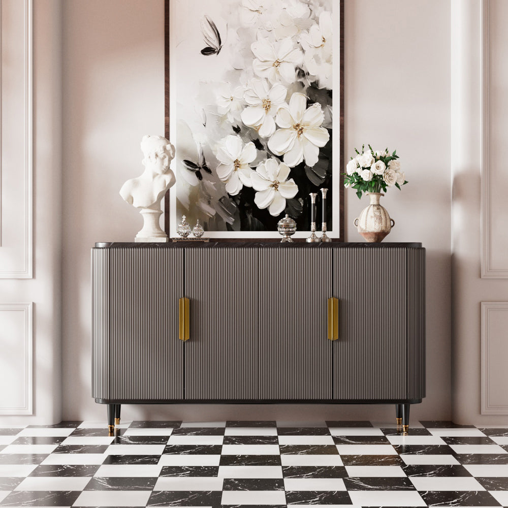 62.4'' Modern Luxury Elegant Gray and Gold Sideboard with Shelves