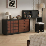 Load image into Gallery viewer, Modern Japandi Vanity Desk with Storage Cabinet Walnut Finish Makeup Table with Drawers Black Frame with Stool
