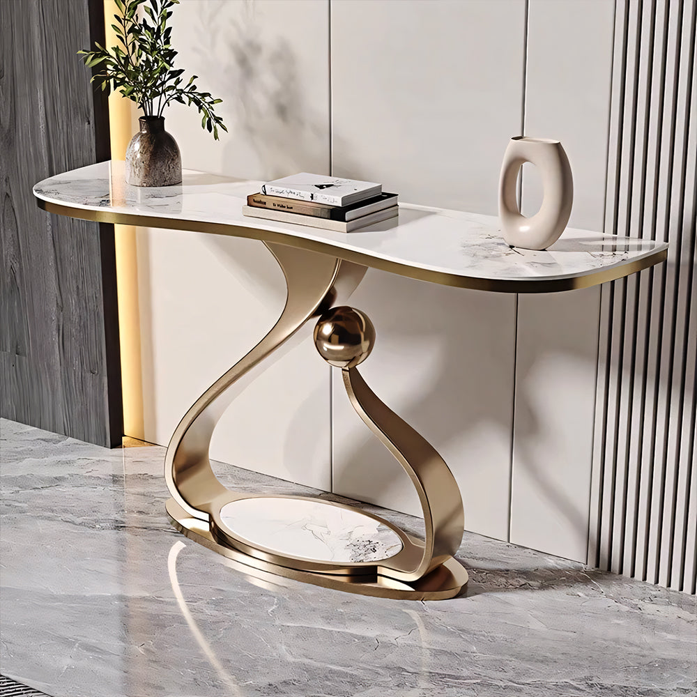 Modern Sintered Stone Entryway Console Table with Gold Sculptural Metal Base