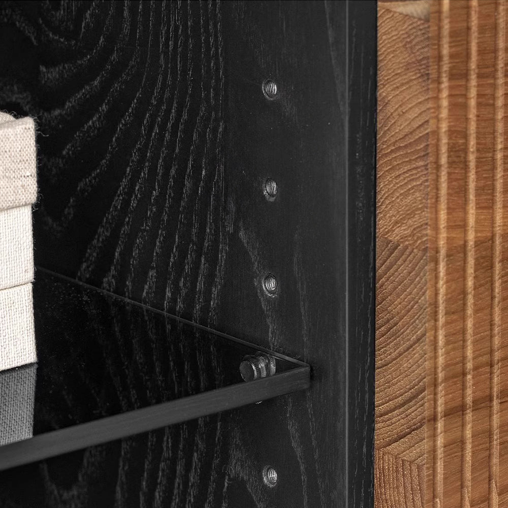 78" Sleek Rattan and Black Wood TV Stand Media Console Modern Minimalist Design with Textured Grille Front