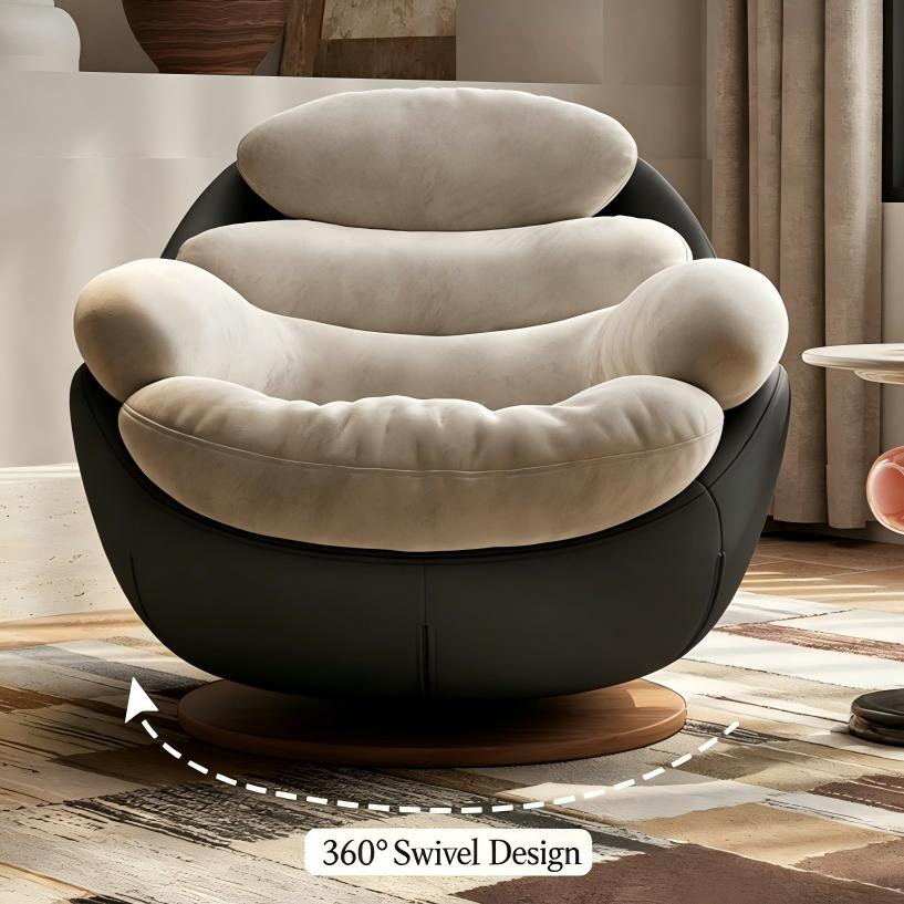 Modern Swivel Lounge Chair with Plush Cushions and Wooden Base