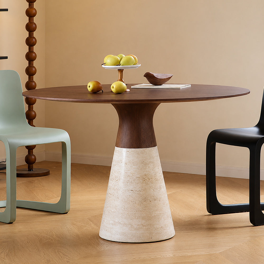 Modern Round Dining Table with Walnut Veneer Top & Travertine-Inspired Pedestal Base