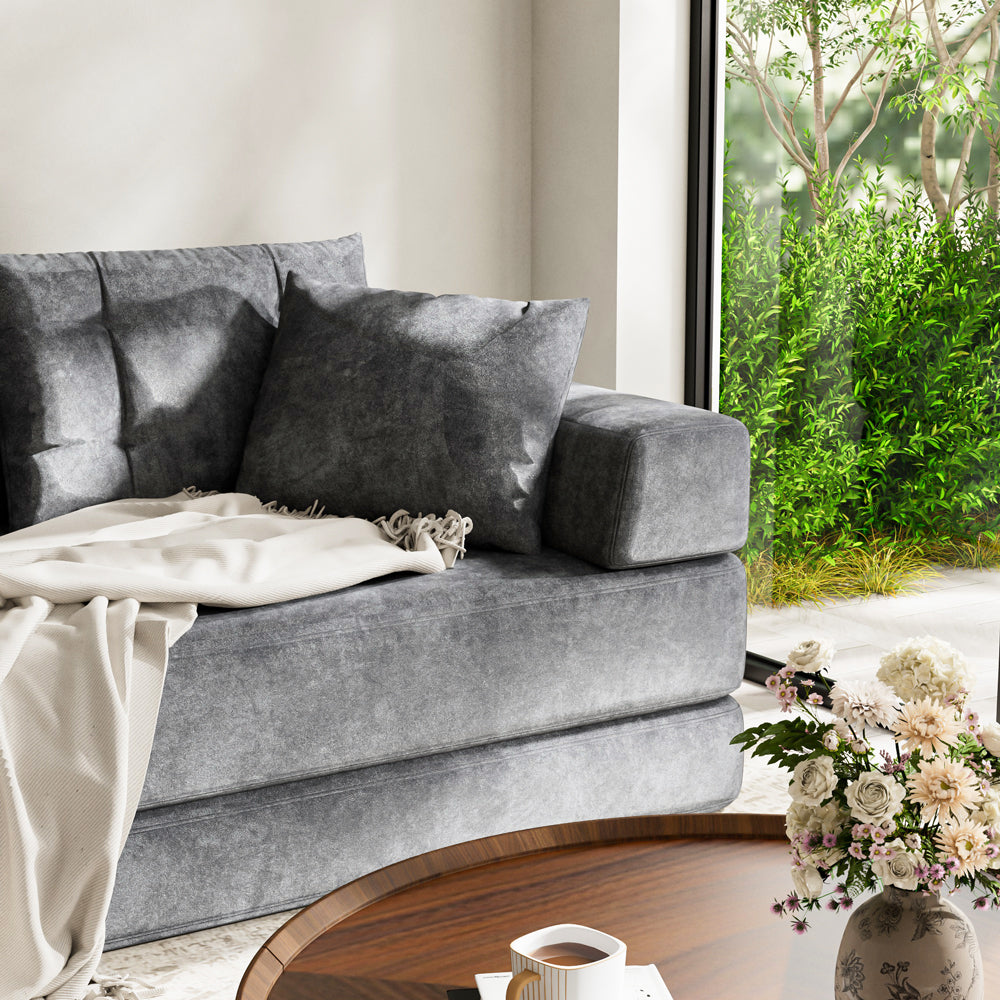 70''-78''Convertible Sofa Bed Tufted Cushion Armrest Foldable Design in Grey Fabric Upholstery