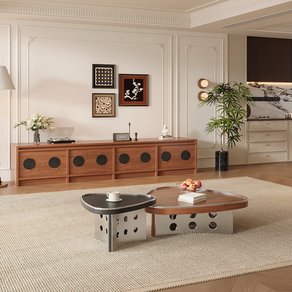 33″ Modern Coffee Table Walnut Wood with Brushed Steel Base Sculptural Design Dual-Tier Functionality