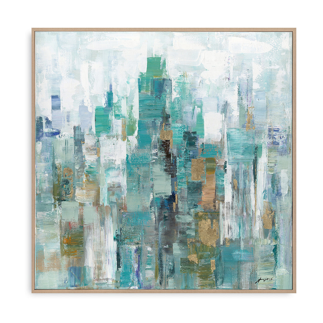 Handmade Abstract Canvas Wall Art – Aqua and White Brushstroke Painting with Gold Highlights
