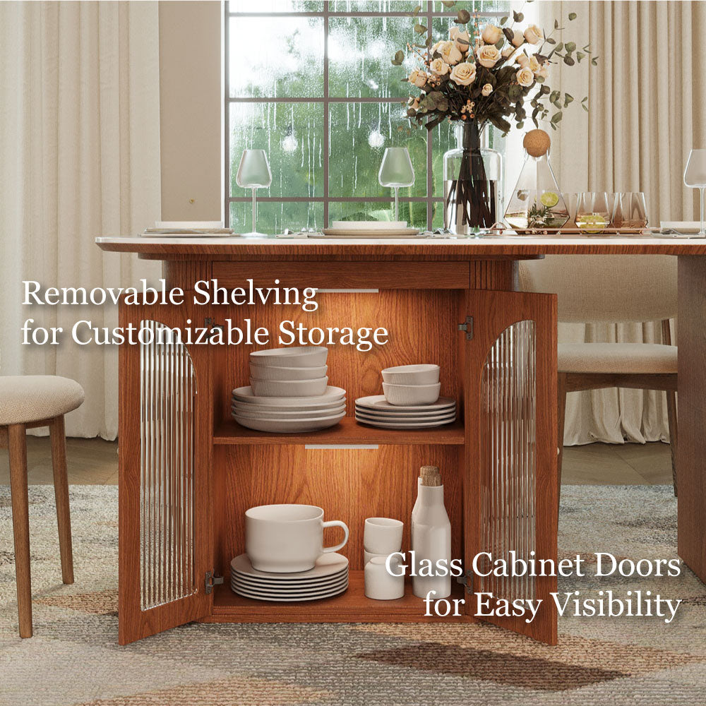 70"/78"Modern Dining Table with Stone Top & Storage Cabinet Scratch-Resistant Surface Double-Door Design and Solid Wood Legs