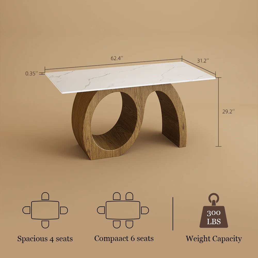 Modern Sculptural Dining Table with Marble-Effect Top & Artistic Wooden Base