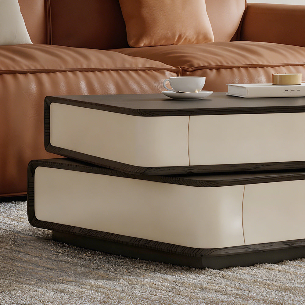 Modern Layered Coffee Table Set with Drawer Storage and Side Table Black Wood Grain Top Minimalist Design