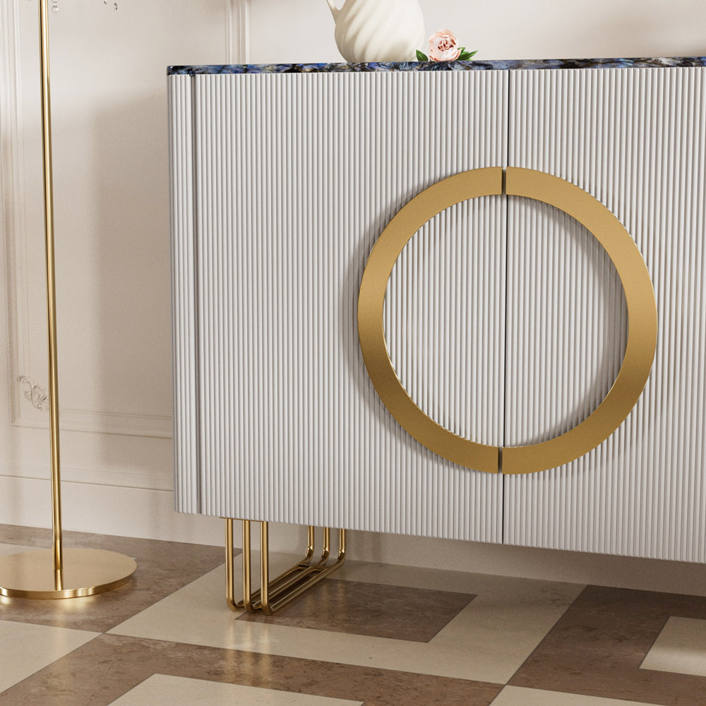 62.4" Sleek Modern White and Gold Buffet Cabinet with Circular Accents