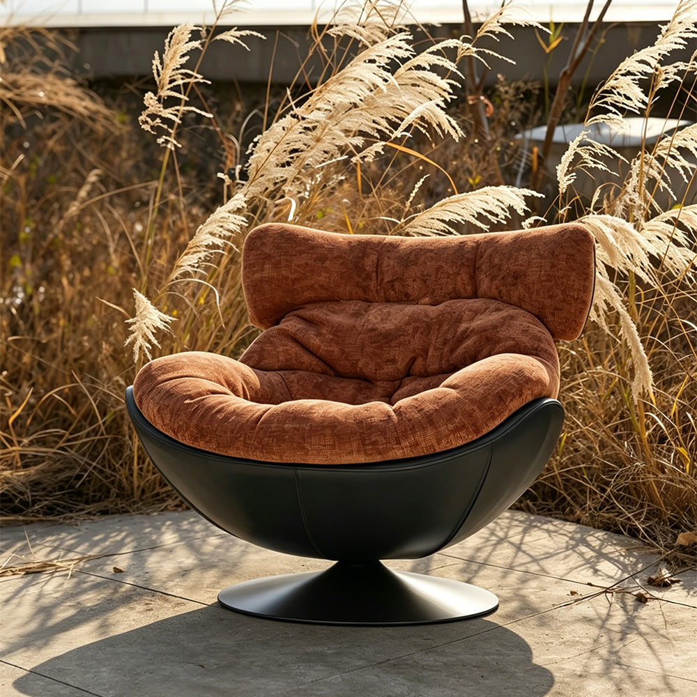 Modern Lounge Swivel Chair Linen Upholstered Fabric with Curved Design and Metal Base