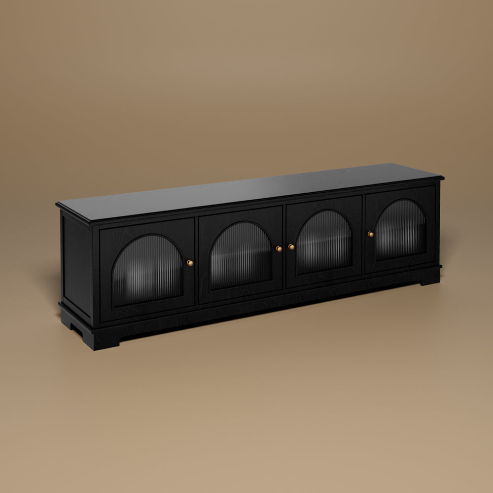 Modern Low-Profile TV Cabinet with Arched Glass Doors Freestanding Storage Console