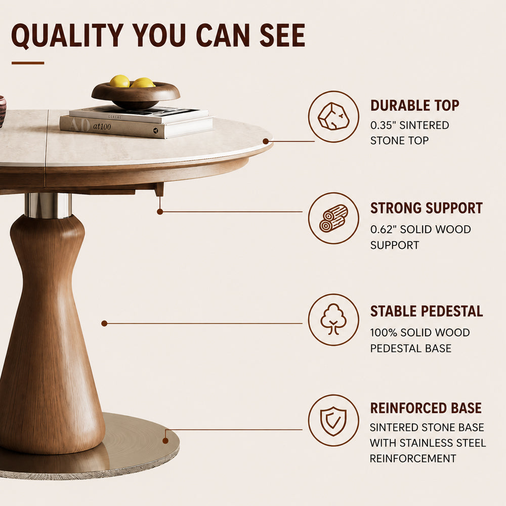 Modern Extendable Round Dining Table with Sintered Stone Top & Sculptural Pedestal Base