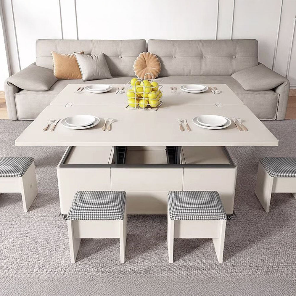 Lift-top coffee table converted into a dining table with stools