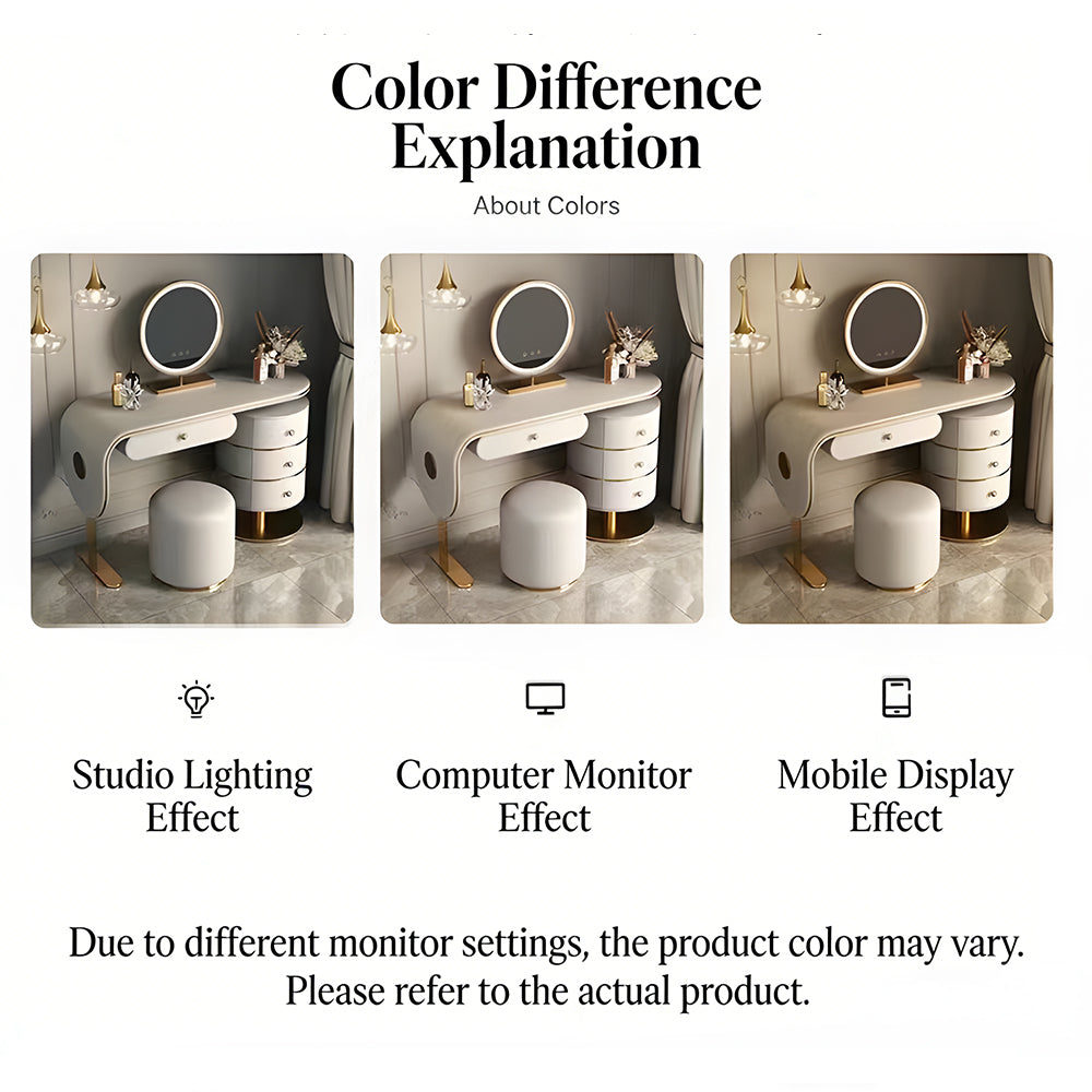 47.2'' Modern Luxury Vanity Desk with Round Mirror Cream Finish Makeup Table with Storage Drawers and Gold Base with Stool