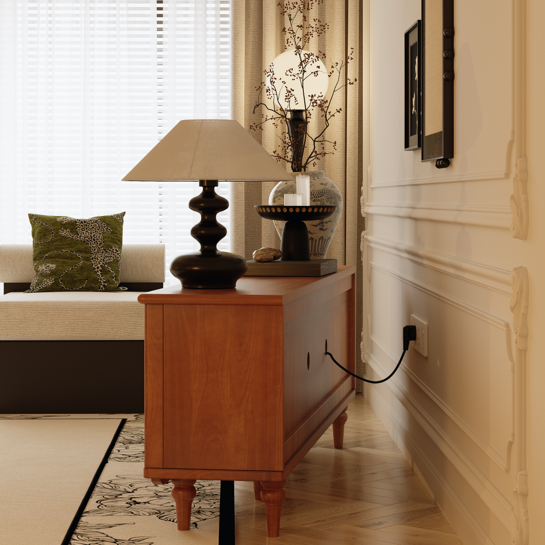 70'' Solid Wood TV Stand Cabinet Arched Glass Doors Multi Drawer Design Warm Cherry Finish
