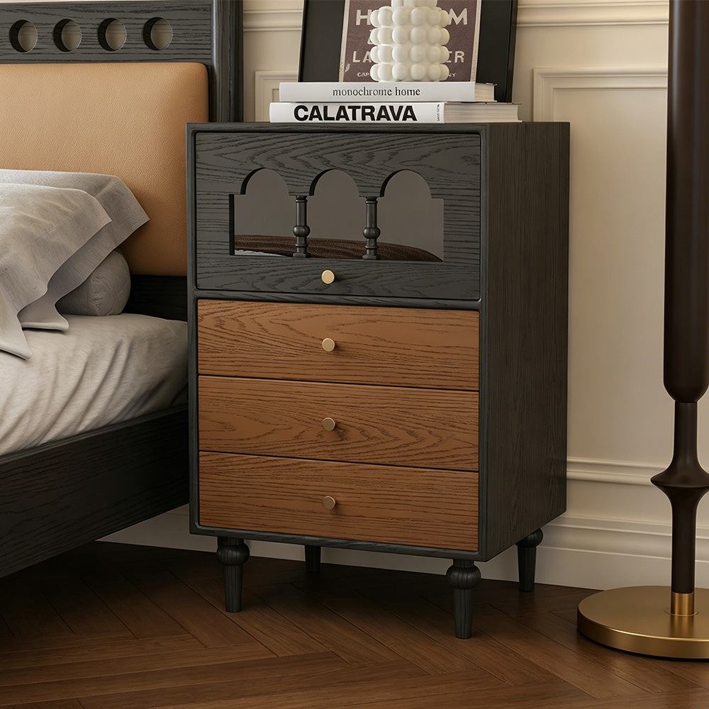 Modern Walnut Nightstand with Mirrored Drawer Mid Century Bedside Table