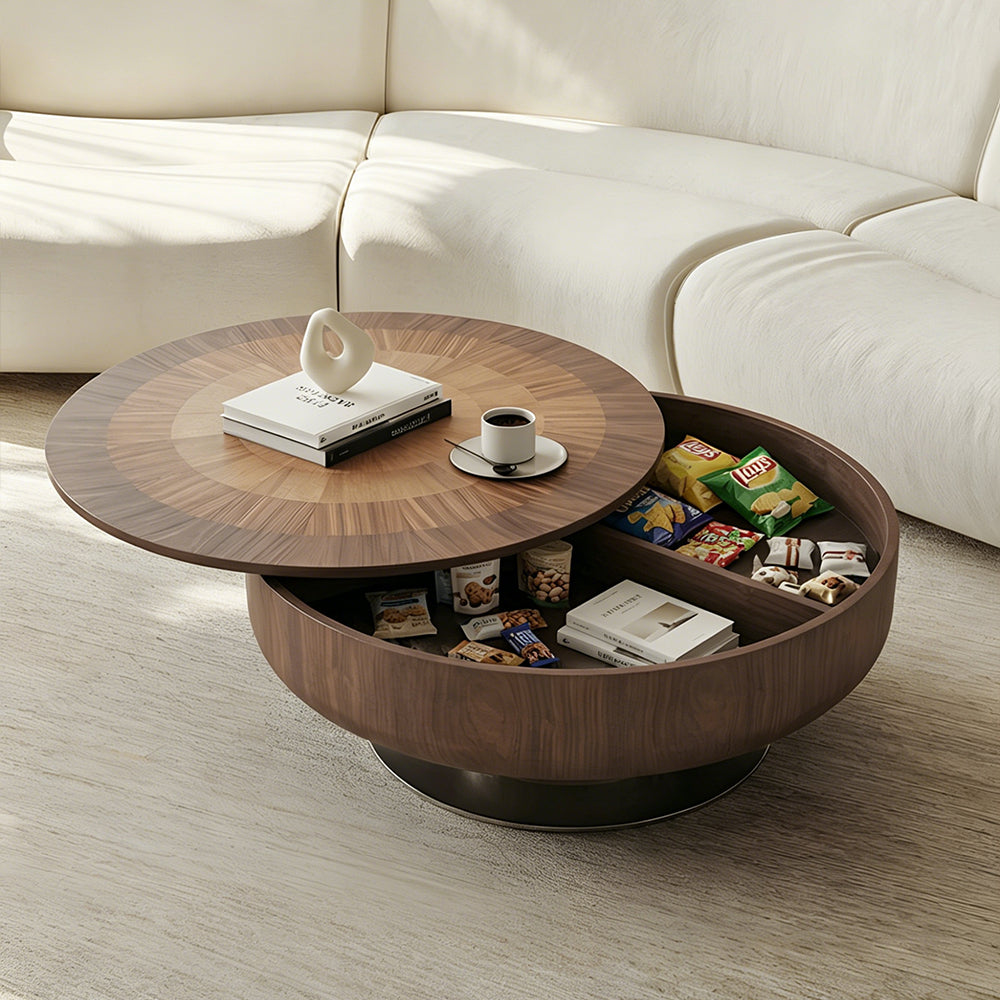 Modern Round Walnut Coffee Table Radial Veneer Design Metal Base