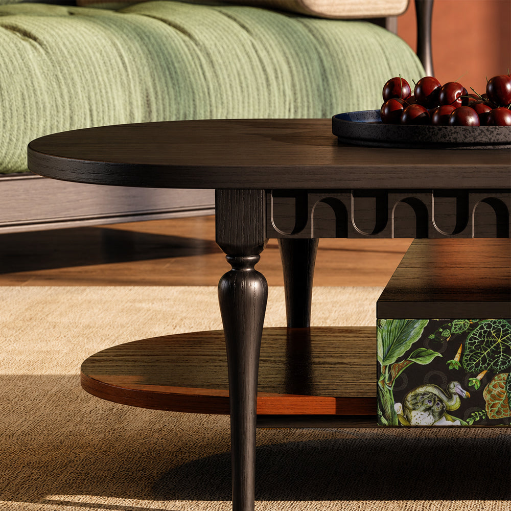 55.9" Norwegian Jungle Print Arched Carved Oval Coffee Table With Drawer