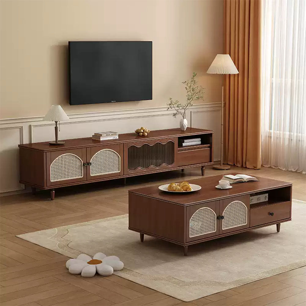 Mid-Century Modern Coffee Table with Cane Doors Elegant Storage & Warm Wood Finish