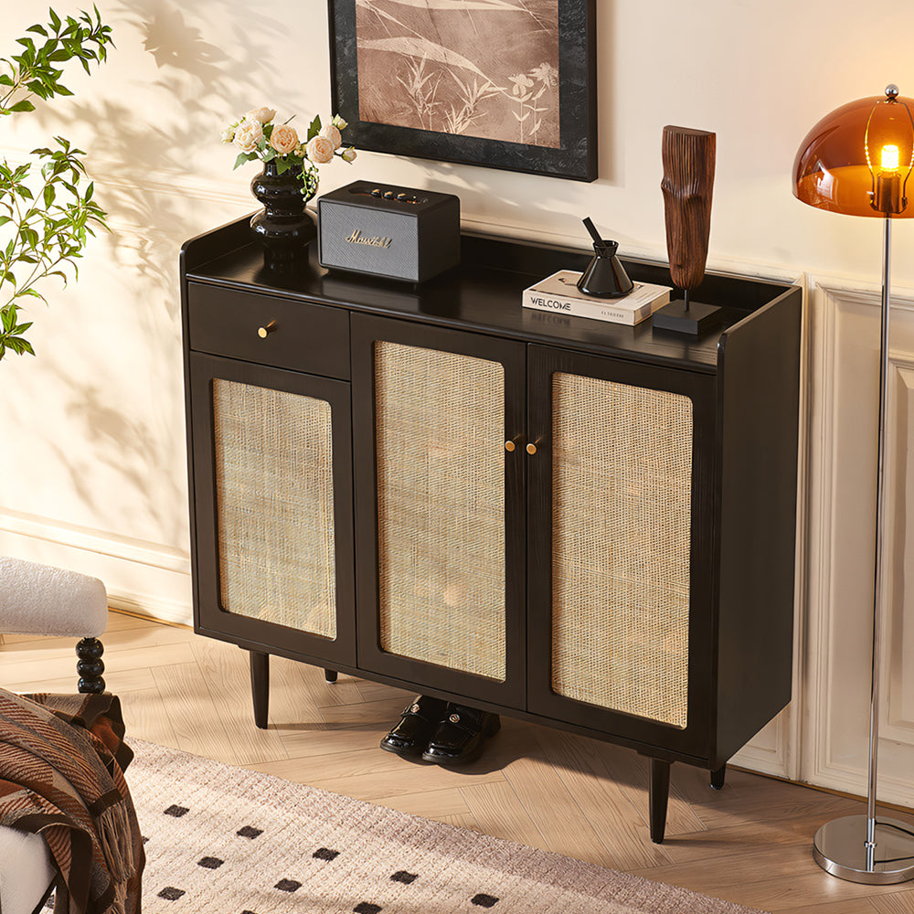 43.3'' Modern Rattan Shoe Cabinet with Woven Doors and Storage Shelves
