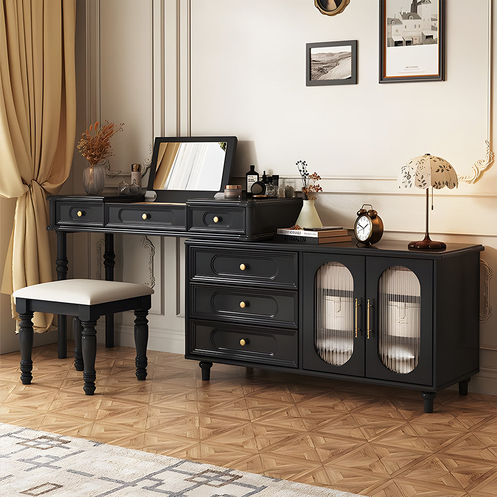 Modern Vintage Vanity Desk with Mirror and Stool Dark Wood Makeup Table with Drawers Storage