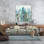 Load image into Gallery viewer, Handmade Abstract Canvas Wall Art – Aqua and White Brushstroke Painting with Gold Highlights
