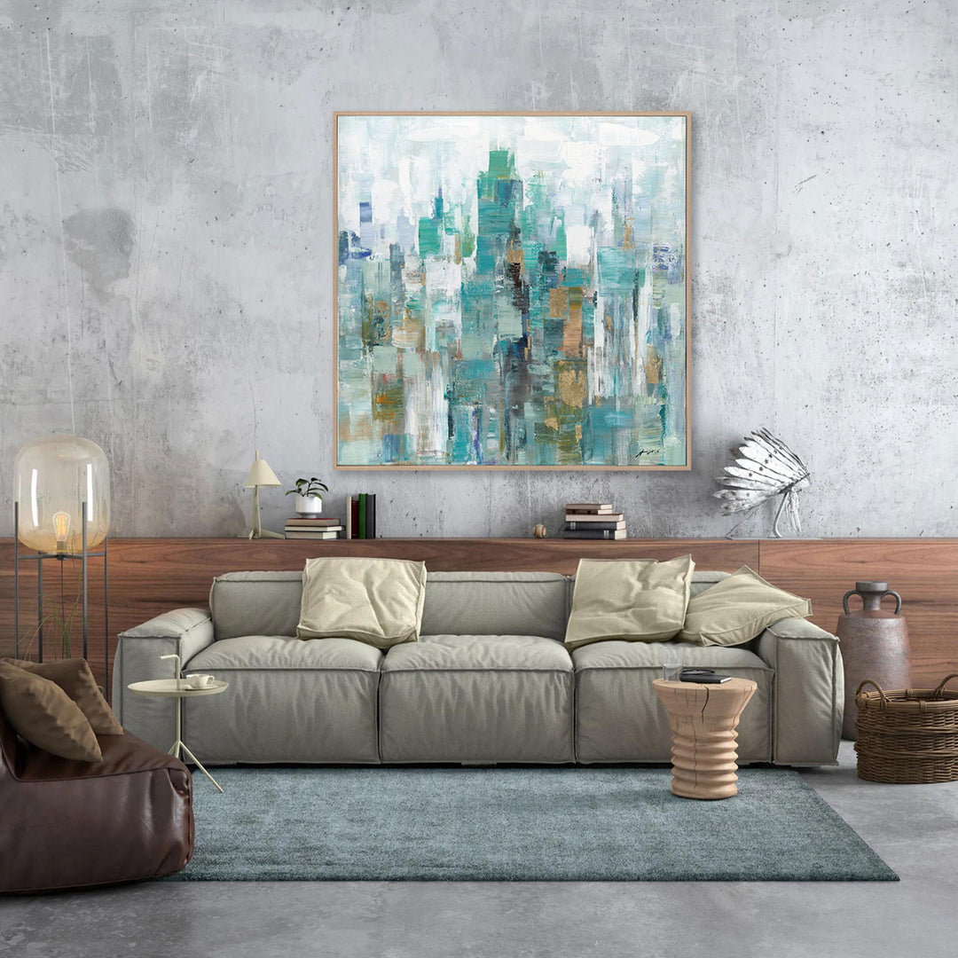 Handmade Abstract Canvas Wall Art – Aqua and White Brushstroke Painting with Gold Highlights