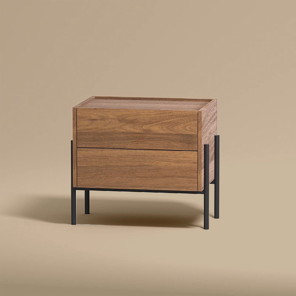 Modern Nightstand with Black Metal Legs Natural Wood Finish & Spacious Drawer