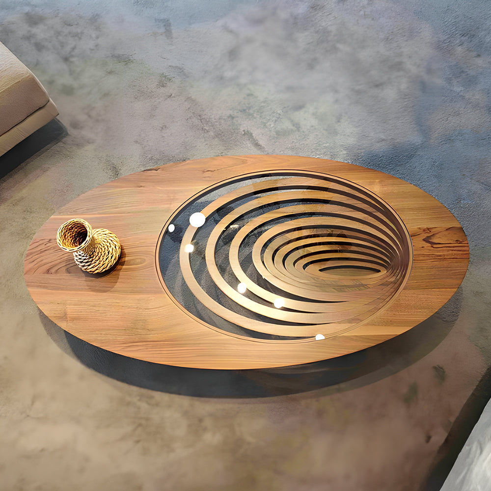 Modern Artistic Coffee Table with 3D Vortex Design and Tempered Glass Top