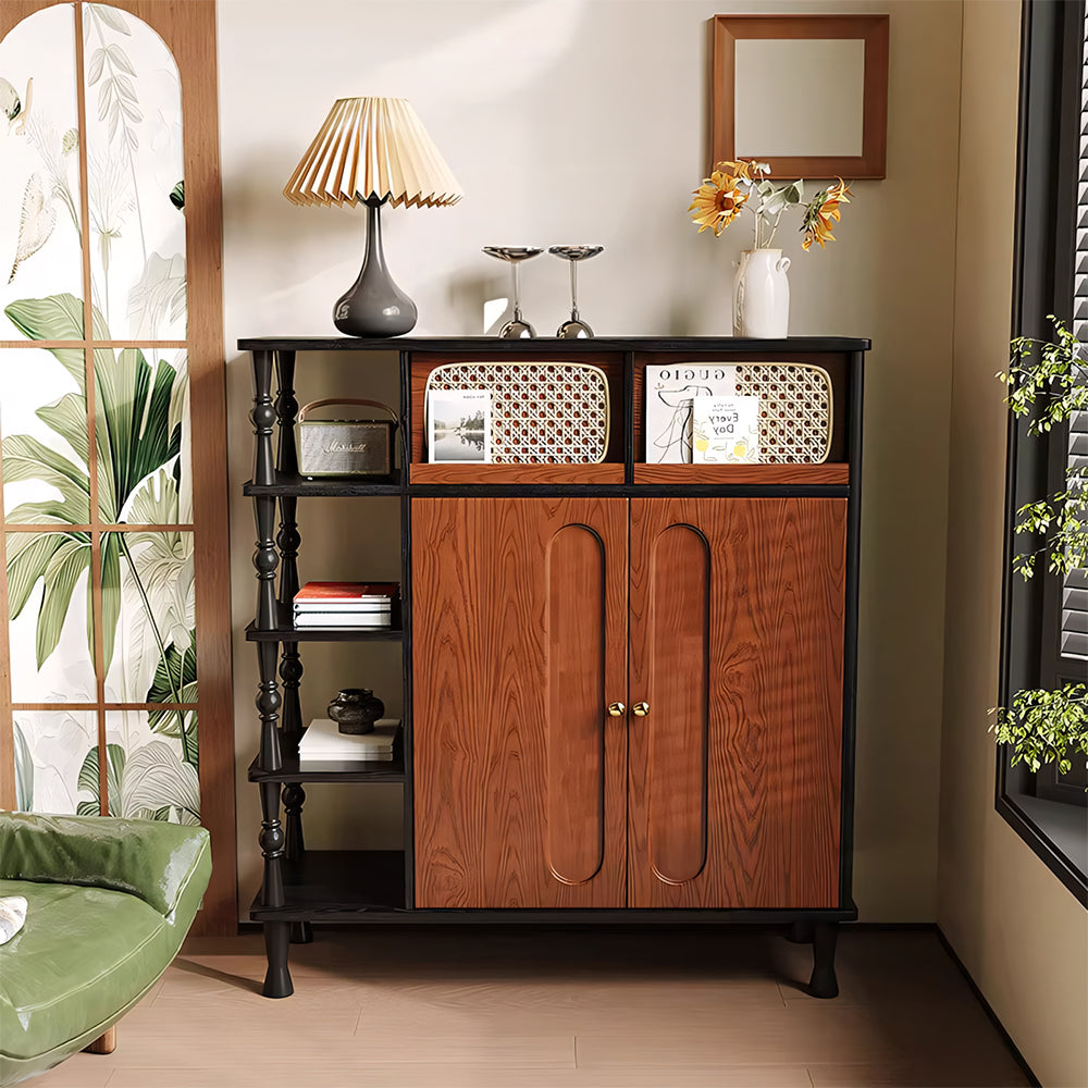 Modern Wooden Shoe Cabinet Entryway Storage with Woven Accent Doors & Open Side Shelves Multifunction Hallway Organizer