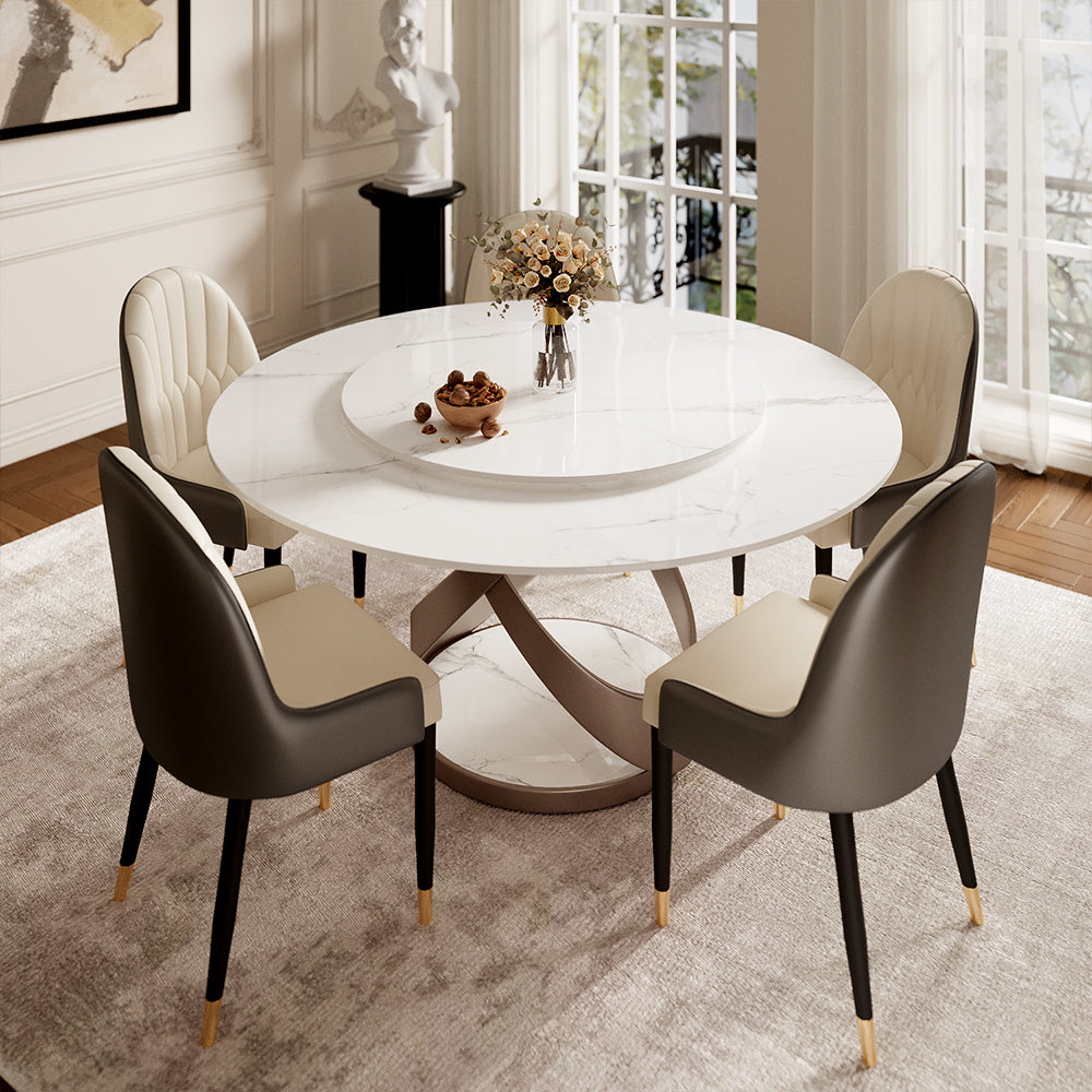 Round Dining Table Lazy Susan Marble Effect Gold X Metal Base Perfect for 4-6 People