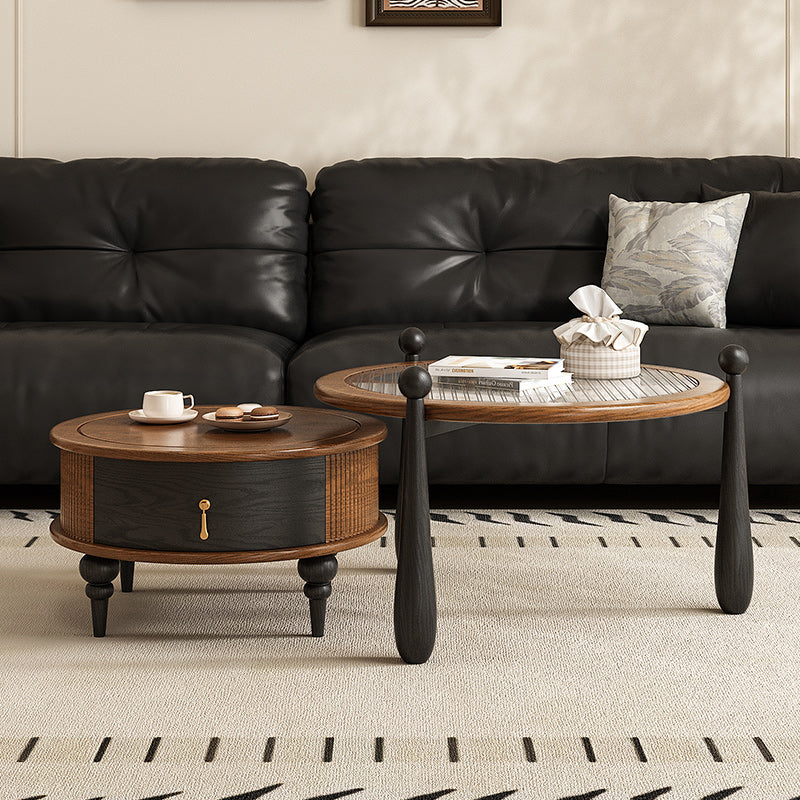 33.54" Round Nesting Coffee Table Set Water Ripple Glass Walnut Vintage Style Artistic Legs