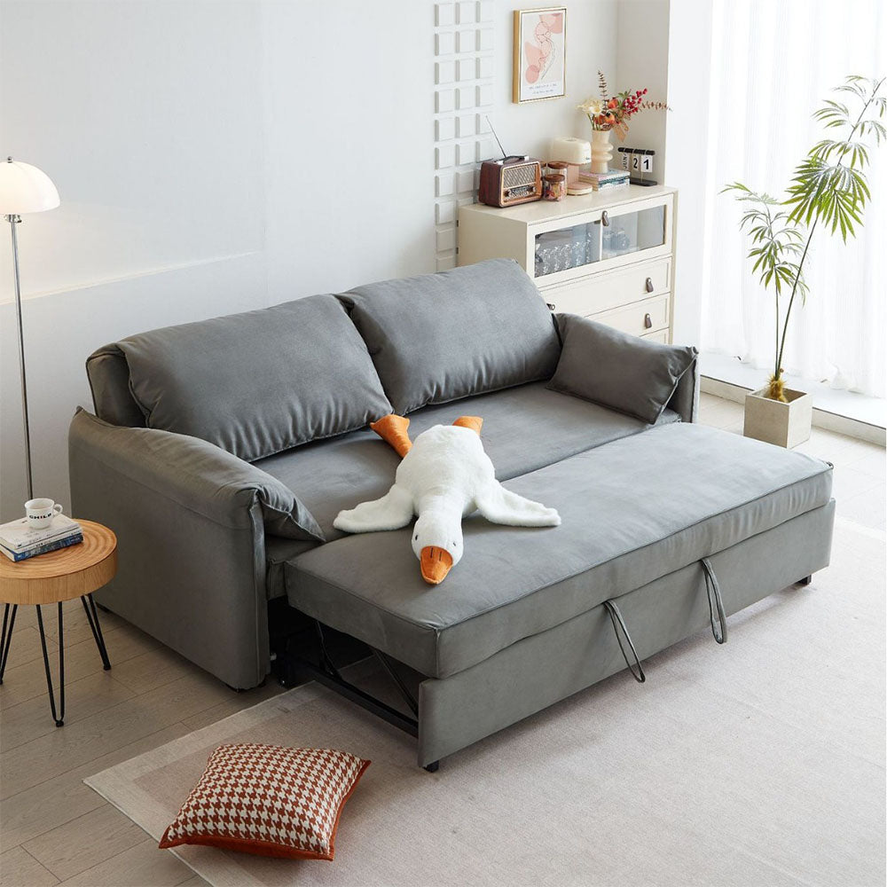 70.8″ modern pull-out sofa bed with casters in soft gray upholstery for small spaces