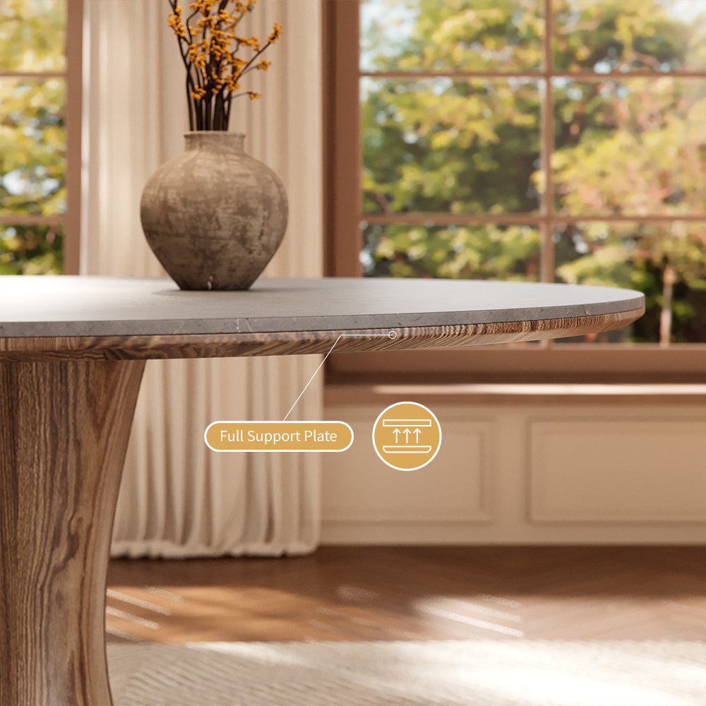Modern Round Dining Table Scratch-Resistant Surface and Wooden Creative Base Perfect for 4-6 People