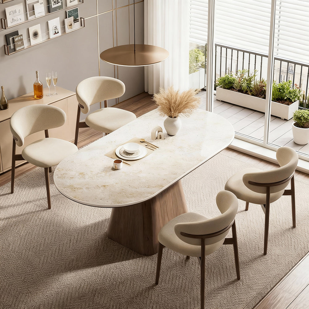 Modern Oval Dining Table with Sintered Stone Top & Walnut Base